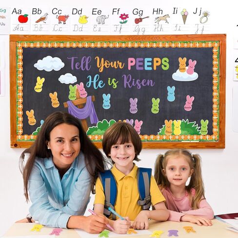 Easter Bulletin Board Decorations Set, Tell Your Peeps He is Risen Cross Easter Christian Bulletin, 80 Pieces Thick Cardstock Sunday School Classroom Church Chalkboard Decoration in Kuwait