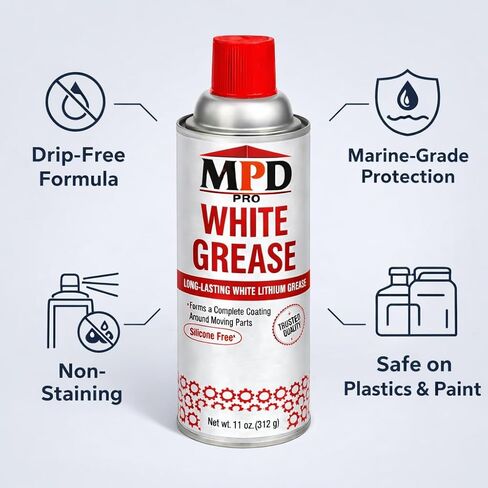 MPD PRO White Lithium Grease Spray, Marine-Grade Drip-Free Lubricant, Non-Staining High-Solid Formula for Garage Doors, Hinges, Chains & Automotive Use – 11 oz (2-Pack) in Saudi Arabia