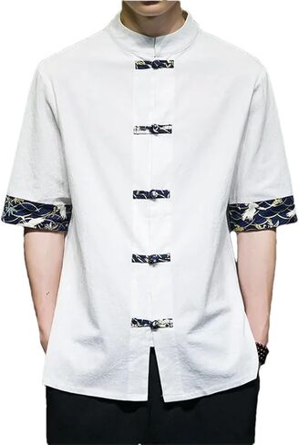 Men Chinese Retro Print Cotton Linen Stitching Short-Sleeved Tops Quality Streetwear in Saudi Arabia