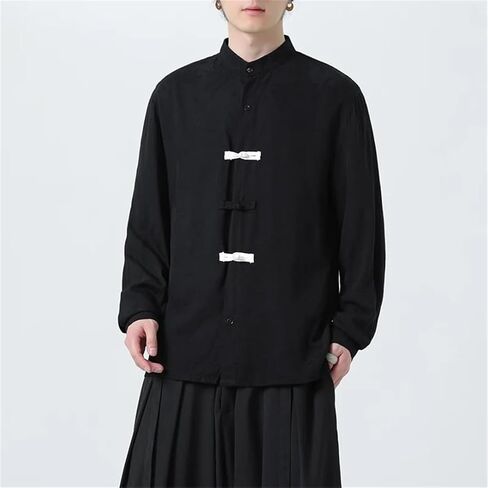 Men's Cotton Linen Vintage Comfortable Breathable Long Sleeve Tang Suit Loose Chinese Style Traditional Shirts in Kuwait