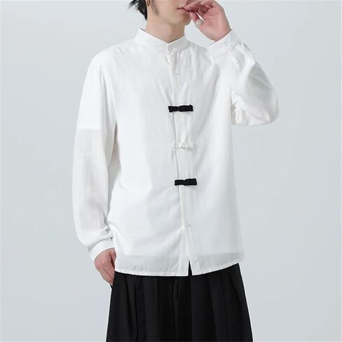 Men's Cotton Linen Vintage Comfortable Breathable Long Sleeve Tang Suit Loose Chinese Style Traditional Shirts in Kuwait