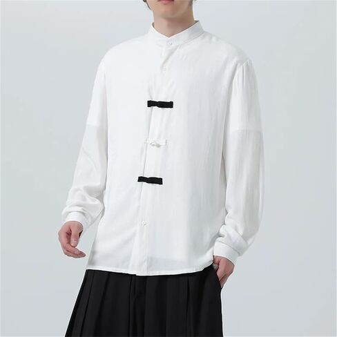 Men's Cotton Linen Vintage Comfortable Breathable Long Sleeve Tang Suit Loose Chinese Style Traditional Shirts in Kuwait