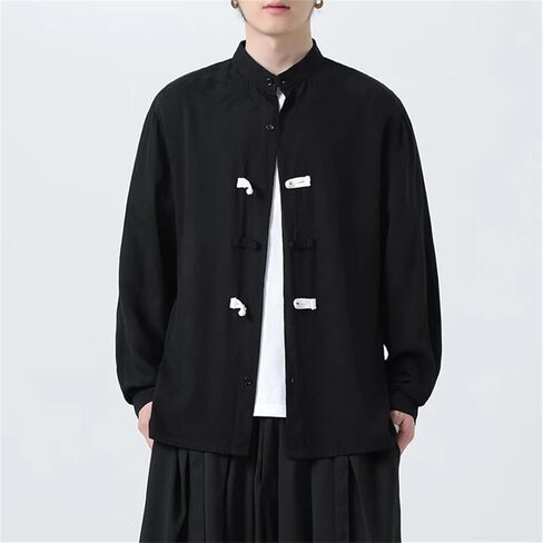 Men's Cotton Linen Vintage Comfortable Breathable Long Sleeve Tang Suit Loose Chinese Style Traditional Shirts in Kuwait
