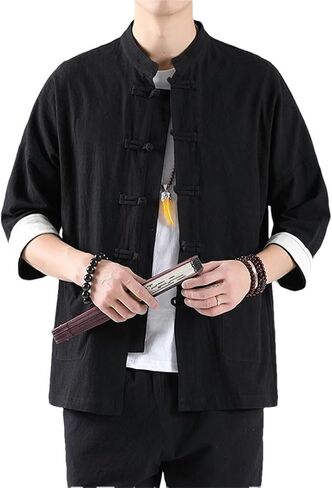 Men Tops Tang Suit Linen Half Sleeve Fu Hanfu Shirt Vintage Tshirts in Saudi Arabia
