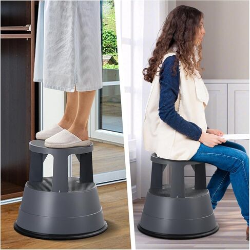 مقعد متدرج، سعة 350 رطل، مقاعد مستديرة مضادة للانزلاق بطبقتين، عجلات قابلة للسحب، مقعد خطوات محمول مع عجلات للمكتبة، المطبخ، المكتب المنزلي، المرآب، رمادي in Kuwait