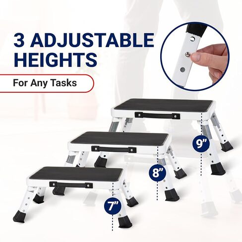 مقعد Arrigo قابل للطي مع 3 ارتفاعات قابلة للتعديل - سعة 330 رطل، مداس واسع مضاد للانزلاق - صغير الحجم ومحمول وقابل للطي - سلالم سرير قابلة للطي وسلم مطبخ ومقعد قدم للبالغين in Kuwait
