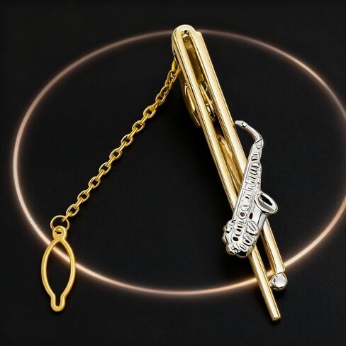 Men's Gold 3D Instrument Tie Clip, Saxophone Tie Clip, with Gift Box, Can be Used as Accessories and Gifts. in Saudi Arabia