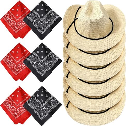 6 Pcs Straw Cowboy Hats with Red and Black Bandanas Western Cowboy Party Hat Costume with Head Bandana for Party Role Play Halloween in Saudi Arabia