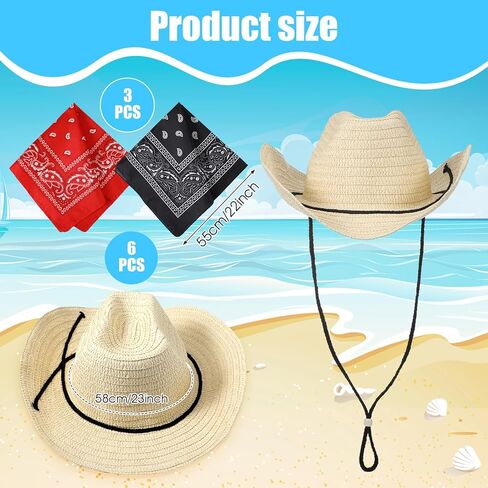 6 Pcs Straw Cowboy Hats with Red and Black Bandanas Western Cowboy Party Hat Costume with Head Bandana for Party Role Play Halloween in Saudi Arabia