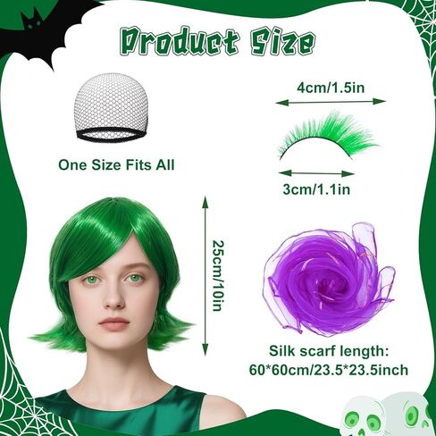 Women Green Costume Disgust Wig, St. Patrick's Day Costumes Scarf and False Eyelashes, Short Wavy Green Cosplay Wigs for Adults Halloween Costume Anime Cosplay in Kuwait