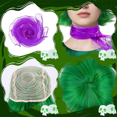 Women Green Costume Disgust Wig, St. Patrick's Day Costumes Scarf and False Eyelashes, Short Wavy Green Cosplay Wigs for Adults Halloween Costume Anime Cosplay in Kuwait