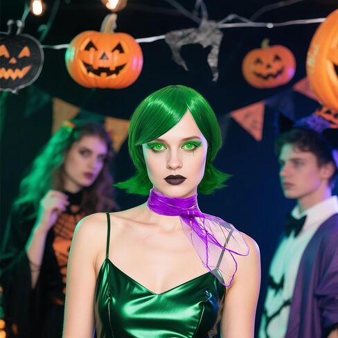 Women Green Costume Disgust Wig, St. Patrick's Day Costumes Scarf and False Eyelashes, Short Wavy Green Cosplay Wigs for Adults Halloween Costume Anime Cosplay in Kuwait