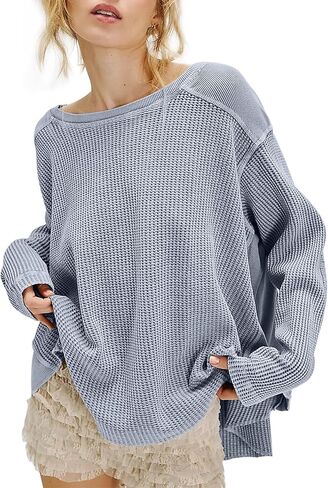 Women's Waffle Knit Sweatshirt Casual Long Sleeve Crew Neck Shirt Tops Oversized Spring Fall Pullover Tops in Saudi Arabia