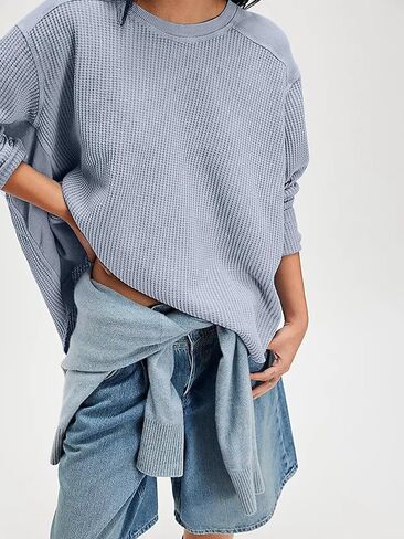Women's Waffle Knit Sweatshirt Casual Long Sleeve Crew Neck Shirt Tops Oversized Spring Fall Pullover Tops in Saudi Arabia
