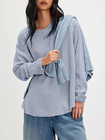 Women's Waffle Knit Sweatshirt Casual Long Sleeve Crew Neck Shirt Tops Oversized Spring Fall Pullover Tops in Saudi Arabia