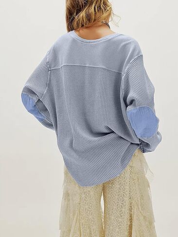 Women's Waffle Knit Sweatshirt Casual Long Sleeve Crew Neck Shirt Tops Oversized Spring Fall Pullover Tops in Saudi Arabia