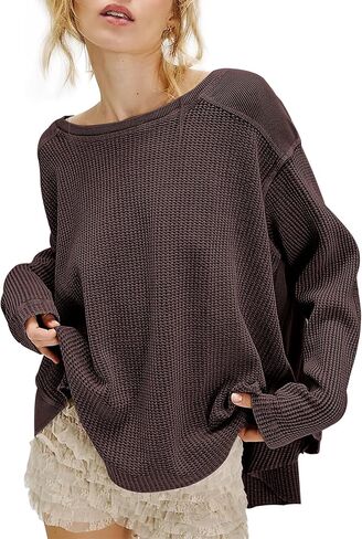Women's Waffle Knit Sweatshirt Casual Long Sleeve Crew Neck Shirt Tops Oversized Spring Fall Pullover Tops in Saudi Arabia