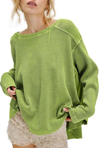 Women's Waffle Knit Sweatshirt Casual Long Sleeve Crew Neck Shirt Tops Oversized Spring Fall Pullover Tops in Saudi Arabia