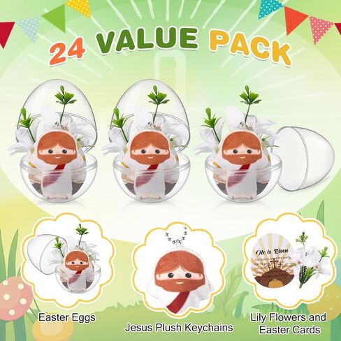 Soulchen 24 Sets Easter Eggs with Mini Jesus Plush Keychains Lily Flowers He is Risen Easter Cards Jesus Toys Easter Egg Hunt Fillers Easter Basket Stuffers Easter Gifts Little Figures in Saudi Arabia