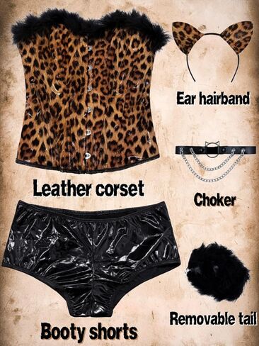 5Pc Sexy Cat Leopard Costumes For Women, Ears Headband & Fur Tail & Choker, Cheetah Costume Halloween Cosplay Outfits in Saudi Arabia