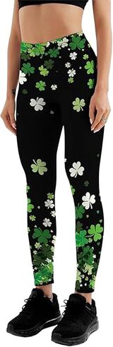 سراويل ضيقة لعيد القديس باتريك للنساء من شامروك كلوفر عالية الخصر قابلة للتمدد، سراويل يوجا خضراء محظوظة in Kuwait