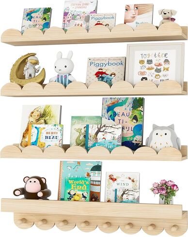 24 Inch Nursery Book Shelves with Hooks, 4-Pack Floating Shelves for Wall, Scalloped Shelves, Wall Book Shelves for Kids Room, Toddler Room, Baby Room, Nursery Decor in Saudi Arabia