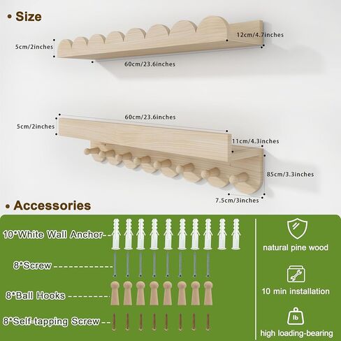 24 Inch Nursery Book Shelves with Hooks, 4-Pack Floating Shelves for Wall, Scalloped Shelves, Wall Book Shelves for Kids Room, Toddler Room, Baby Room, Nursery Decor in Saudi Arabia
