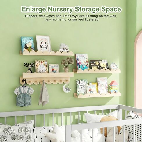 24 Inch Nursery Book Shelves with Hooks, 4-Pack Floating Shelves for Wall, Scalloped Shelves, Wall Book Shelves for Kids Room, Toddler Room, Baby Room, Nursery Decor in Saudi Arabia