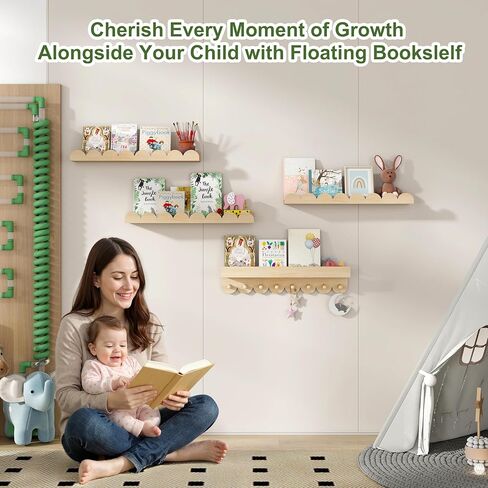 24 Inch Nursery Book Shelves with Hooks, 4-Pack Floating Shelves for Wall, Scalloped Shelves, Wall Book Shelves for Kids Room, Toddler Room, Baby Room, Nursery Decor in Saudi Arabia