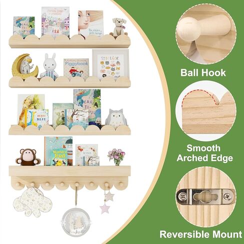 24 Inch Nursery Book Shelves with Hooks, 4-Pack Floating Shelves for Wall, Scalloped Shelves, Wall Book Shelves for Kids Room, Toddler Room, Baby Room, Nursery Decor in Saudi Arabia