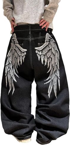 Men's Wide Leg Jeans Large Wings Print Pattern on Back Pocket Baggy Loose Fit Denim Pants Skater Hip Hop Jeans in Kuwait