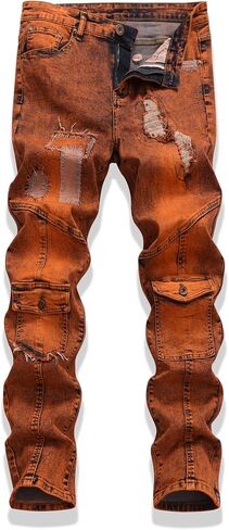 Mens Jeans Slim Fit,Carpenter Jeans for Men,Ruged Motorcycle Denim Pants with Ripped & Patch Details in Saudi Arabia