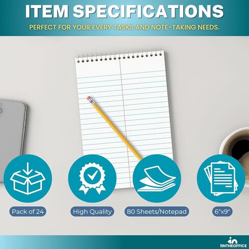 1InTheOffice Steno Pads Spiral 6x9, Steno Note Pads, Spiral Steno Pads, Gregg Ruled, 80 Sheets/Pack, White, 24 Pack in Saudi Arabia