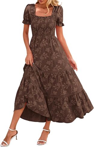 Lazysmile Women's Summer Boho Floral Maxi Dress Short Sleeve Square Neck Smocked Ruffle Elegant Wedding Guest Dress in Kuwait