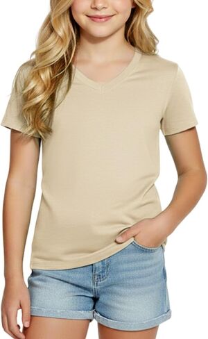 PATPAT Girls Plain Shirts 5-14 Years V Neck Short Sleeve Basic Tees Casual Summer Tops in Saudi Arabia
