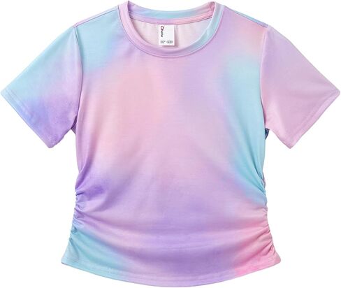 PATPAT Girls Tie Dye Short Sleeve T Shirt Cute Graphic Summer Shirts for Girl Ruched Side Tunic Casual Tee 5-14 Years in Saudi Arabia
