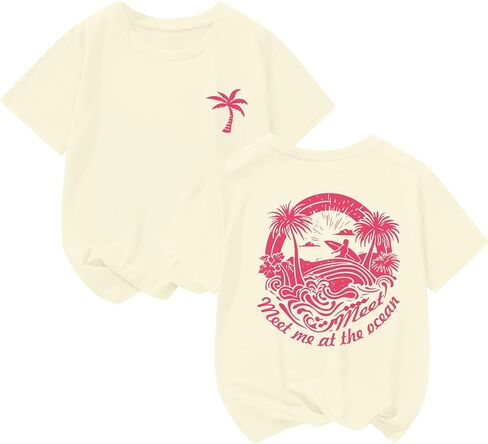 تي شيرتات برسومات لطيفة للفتيات قمصان شاطئ هاواي للأطفال قمصان Meet Me at The Ocean للأطفال الصغار قمصان صيفية كبيرة الحجم in Kuwait