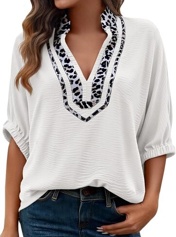 Tankaneo Womens Leopard Dolman Sleeve Tops Casual V Neck Dressy Blouse Loose Fit Basic Tees in Saudi Arabia