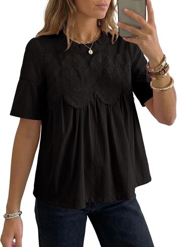 Dokotoo Women's Lace Blouse Elegant Flared Swing Tops Crew Neck Short Sleeve Textured Embroidered Mesh Shirts in Saudi Arabia