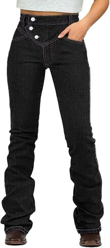 Flamingals Bootcut High Waist Wash Stitch Detail Button Up Women's Jeans Stretchy Trendy Denim Pants in Saudi Arabia