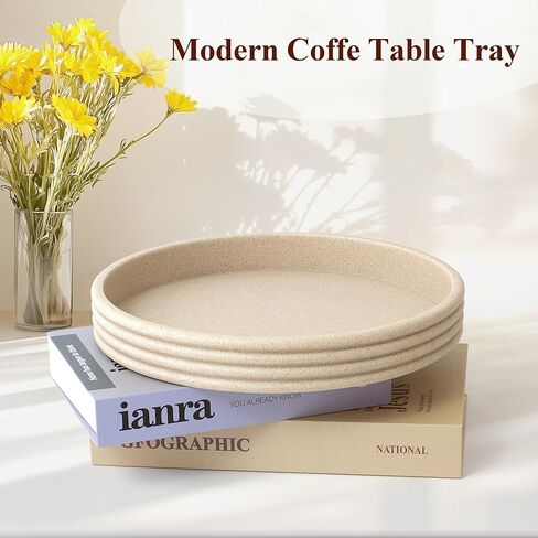 Round Decorative Tray - Modern Coffee Table Tray Decor, Resin Home Decor for Living Room & Bedroom. Multi-Functional Coffee Table Centerpiece with Anti-Slip Pads - 11x1.5 Inch Key Trays - Beige in Saudi Arabia