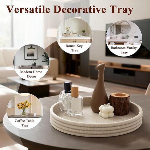 Round Decorative Tray - Modern Coffee Table Tray Decor, Resin Home Decor for Living Room & Bedroom. Multi-Functional Coffee Table Centerpiece with Anti-Slip Pads - 11x1.5 Inch Key Trays - Beige in Saudi Arabia
