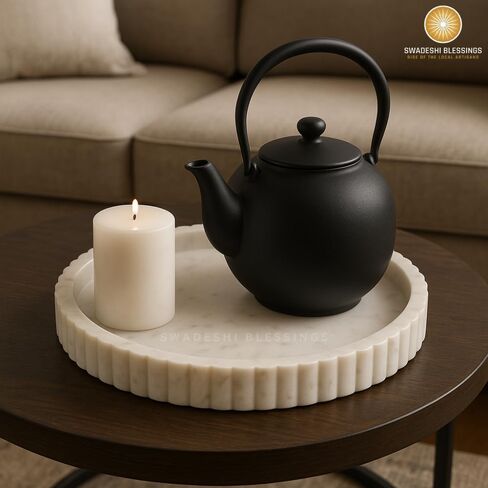 Swadeshi Blessings Handcrafted Marble Decorative Tray for Coffee Table Decor, Round Trays Home Decor, Ottoman Tray for Living Room, Coffee Table Tray, Dining Table Centerpiece Decor, Farmhouse Decor in Kuwait