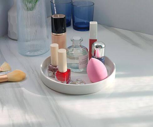 White Round Small Tray (6.5 inch) for Bathroom & Kitchen Decor - Decorative Vanity Tray, Coffee Table Tray, Countertop Organizer for Perfume, Soap, Jewelry - Sturdy Plastic Serving Tray in Saudi Arabia
