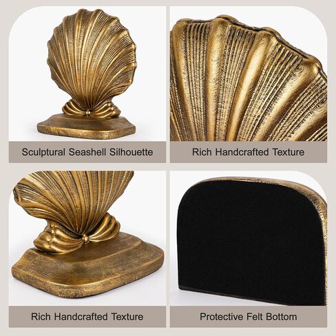 Decorative Shell Bookends, Coastal Nautical Book Ends for Shelves Desk, Resin Seashell Book Ends for Home Office Living Room Beach Decor (Gold) in Saudi Arabia