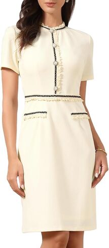 فستان Allegra K بطول الركبة للنساء بأكمام قصيرة ورقبة دائرية ولؤلؤ Decro Bodycon فساتين أنيقة للعمل والعمل in Saudi Arabia