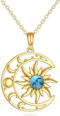 DOVRAN 14K الصلبة الذهب الشمس والقمر قلادة Moonstone/الفيروز قلادة المرحلة القمر مجوهرات هدايا للنساء الرجال in Saudi Arabia