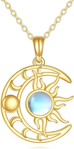DOVRAN 14K Solid Gold Sun and Moon Necklace Moonstone/Turquoise Pendant Phase Moon Jewelry Gifts for Women Men in Saudi Arabia