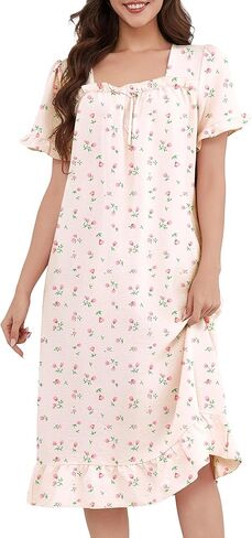 Bloggerlove Nightgown for Women Short Sleeve Lightweight House Dress Ruffle Hem Night Gown Long Lounge Dresses with Pockets in Saudi Arabia