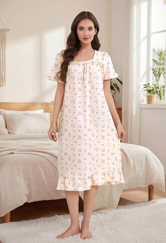 Bloggerlove Nightgown for Women Short Sleeve Lightweight House Dress Ruffle Hem Night Gown Long Lounge Dresses with Pockets in Saudi Arabia